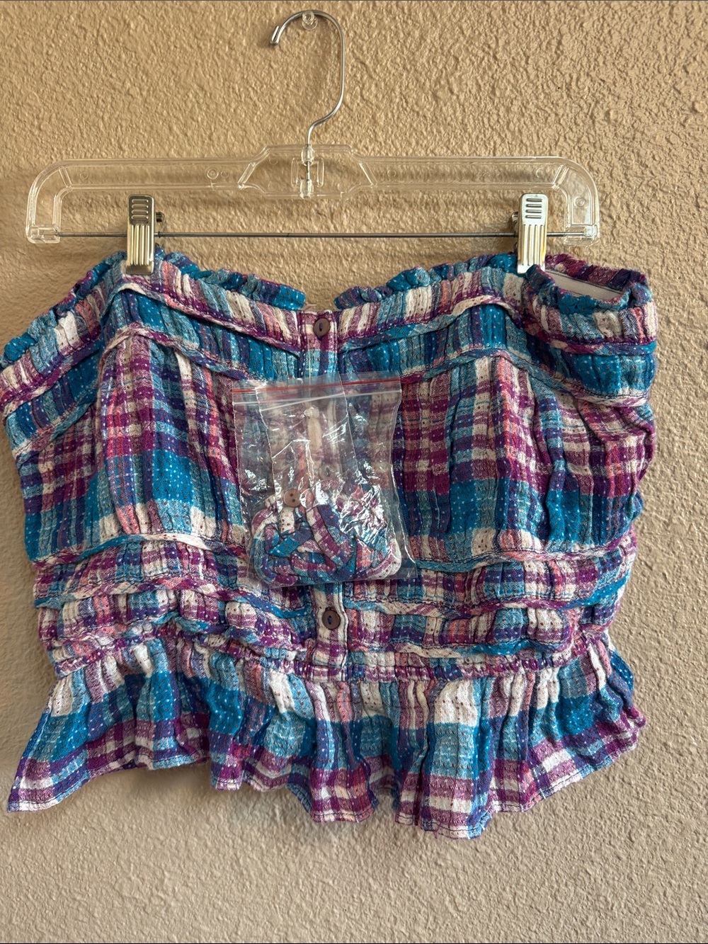 Free People Blue Teal Purple Plaid Smocked Tube Top